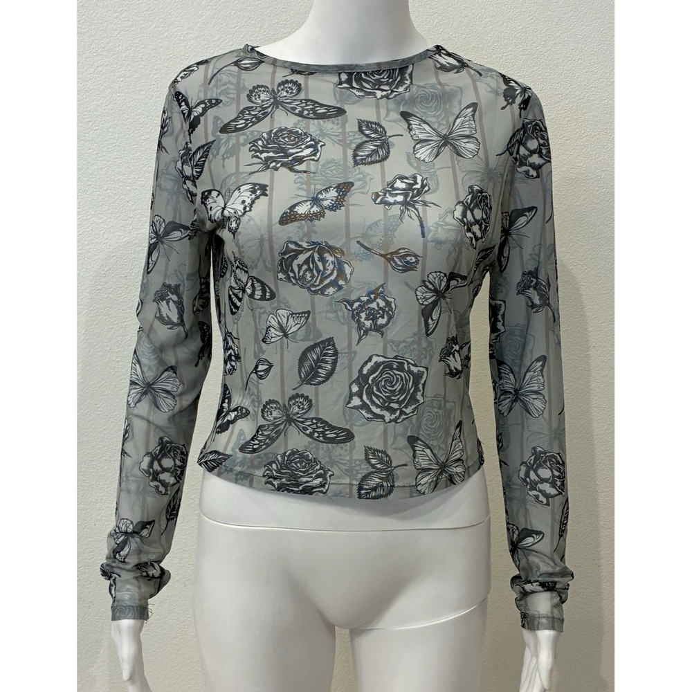 Cider Womens Y2K Mesh Butterfly Crop Top‎ Size L Garden Fairy Grunge Festival